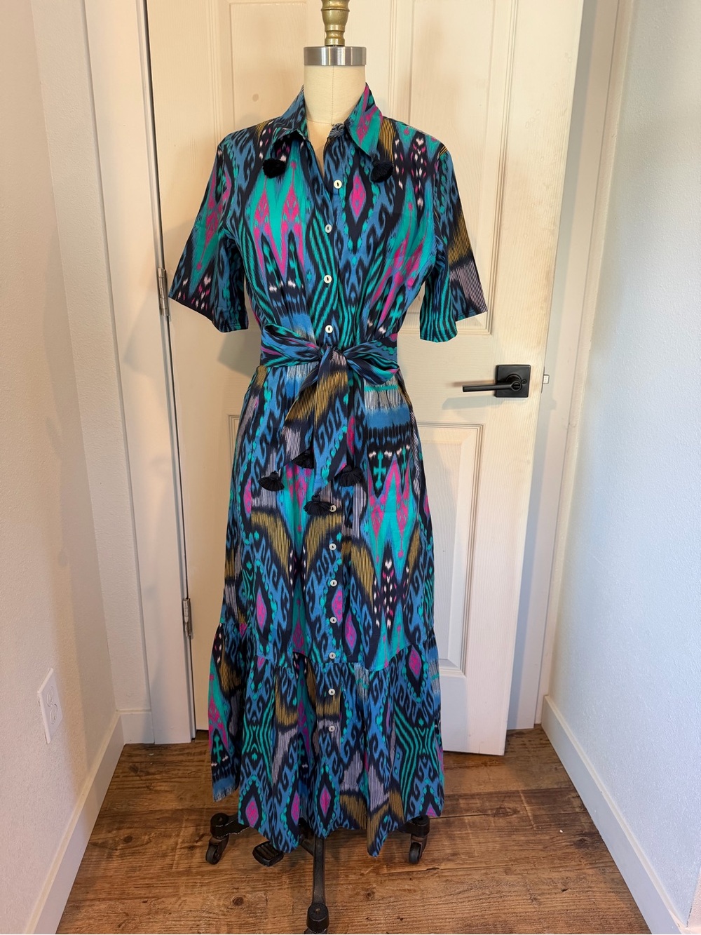 Ikat Print Maxi Shirt Dress with Tie Waist - Teal & Magenta